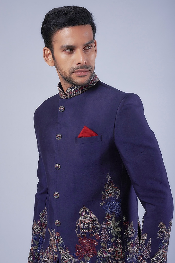 Navy Blue Tussar Resham Embroidered Wedding Bandhgala Set by SAMMOHAN at Pernia's Pop Up Shop