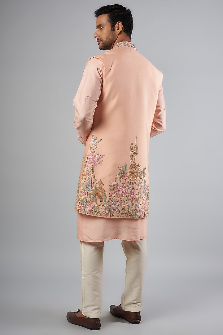Peach Tussar Resham Embroidered Wedding Indowestern Set by SAMMOHAN at Pernia's Pop Up Shop