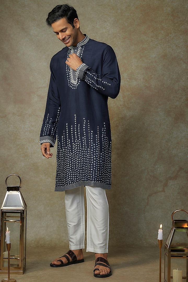 Indigo Bandhani Tussar Hand Embroidered Kurta Set by SAMMOHAN