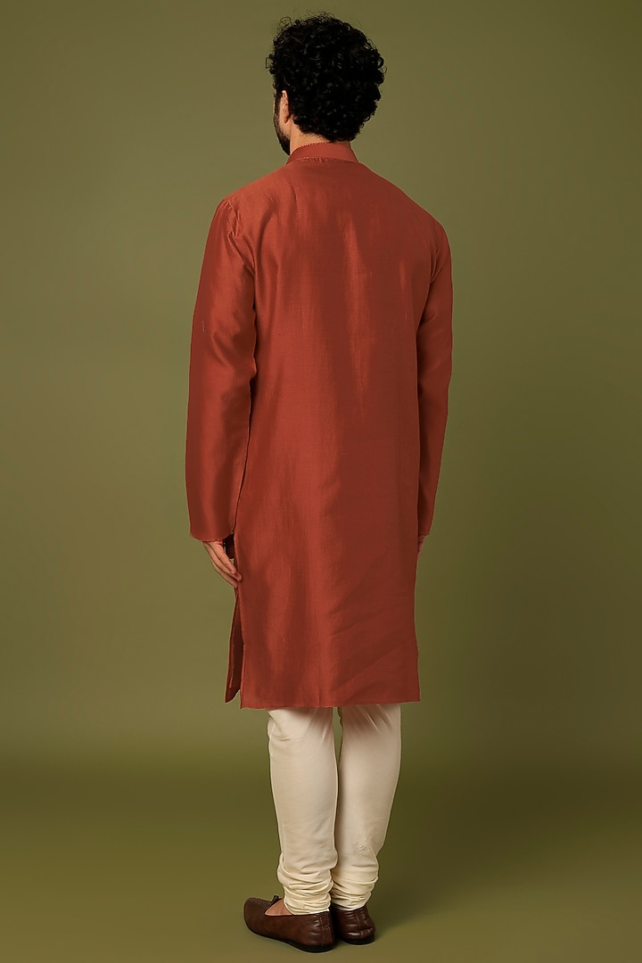 Rust Pure Chanderi Thread Embroidered Kurta Set by SAMMOHAN at Pernia's Pop Up Shop