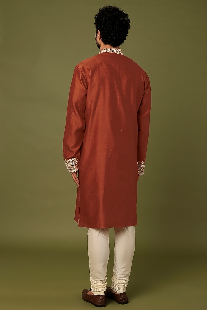 Rust Pure Chanderi Applique Embroidered Kurta Set by SAMMOHAN at Pernia's Pop Up Shop
