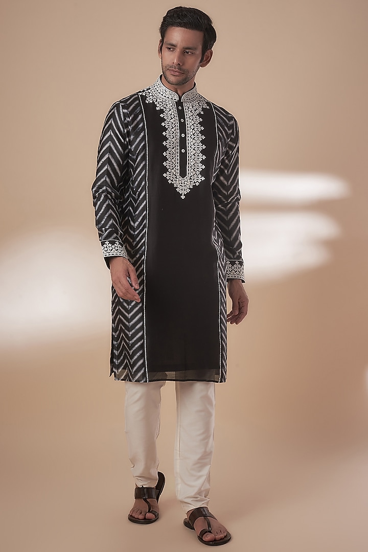 Black Chanderi Tie-Dye & Hand Embroidered Kurta Set by SAMMOHAN at Pernia's Pop Up Shop
