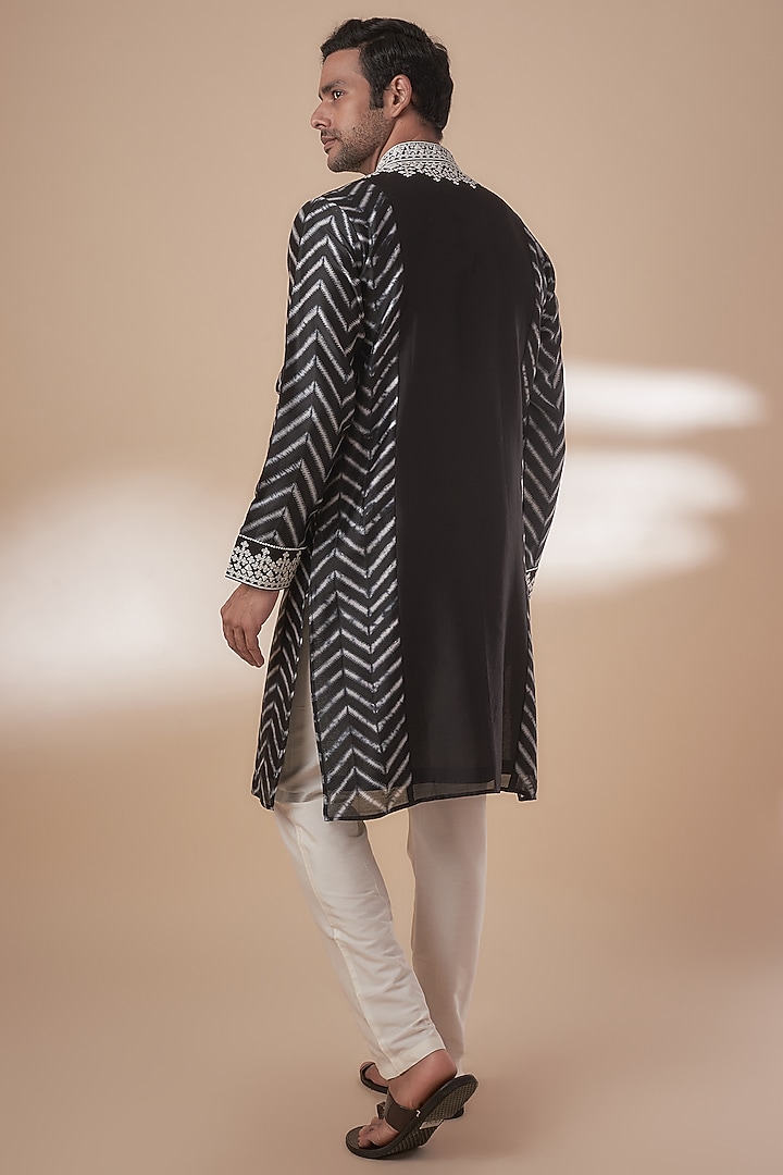Black Chanderi Tie-Dye & Hand Embroidered Kurta Set by SAMMOHAN at Pernia's Pop Up Shop