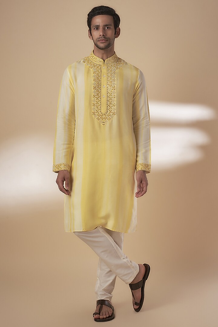 Yellow Tussar Tie-Dye & Resham Work Kurta Set by SAMMOHAN at Pernia's Pop Up Shop