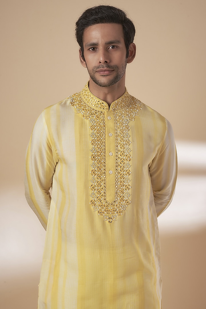 Yellow Tussar Tie-Dye & Resham Work Kurta Set by SAMMOHAN at Pernia's Pop Up Shop