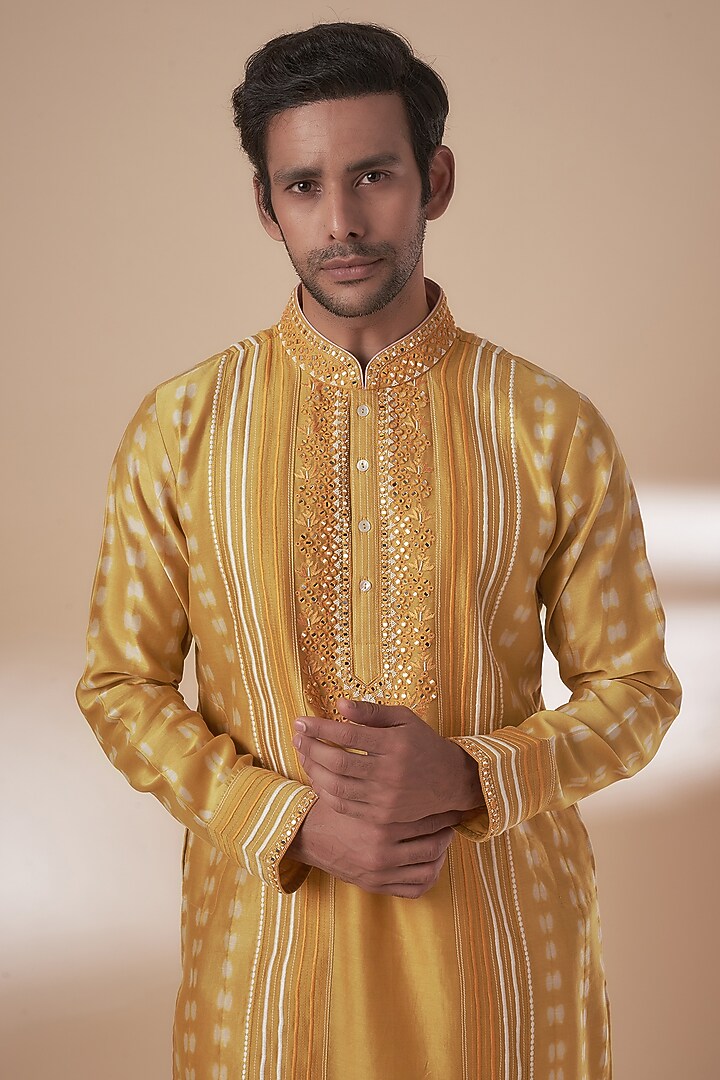 Yellow Chanderi Tie-Dye & Hand Embroidered Kurta Set by SAMMOHAN at Pernia's Pop Up Shop