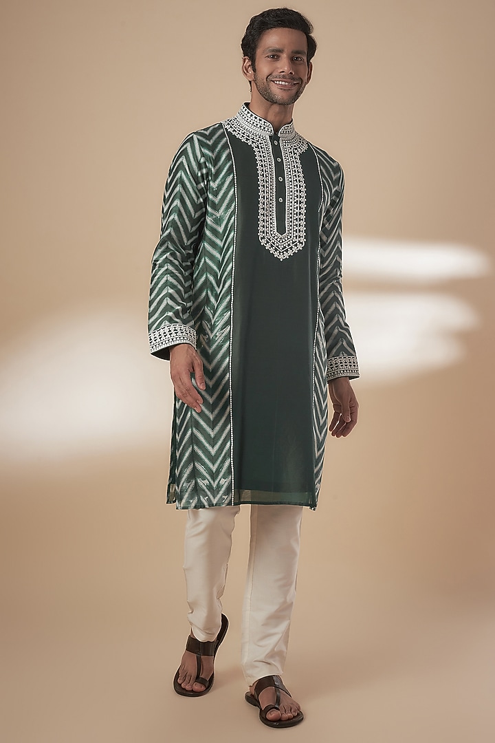 Green Chanderi Tie-Dye & Hand Embroidered Kurta Set by SAMMOHAN at Pernia's Pop Up Shop