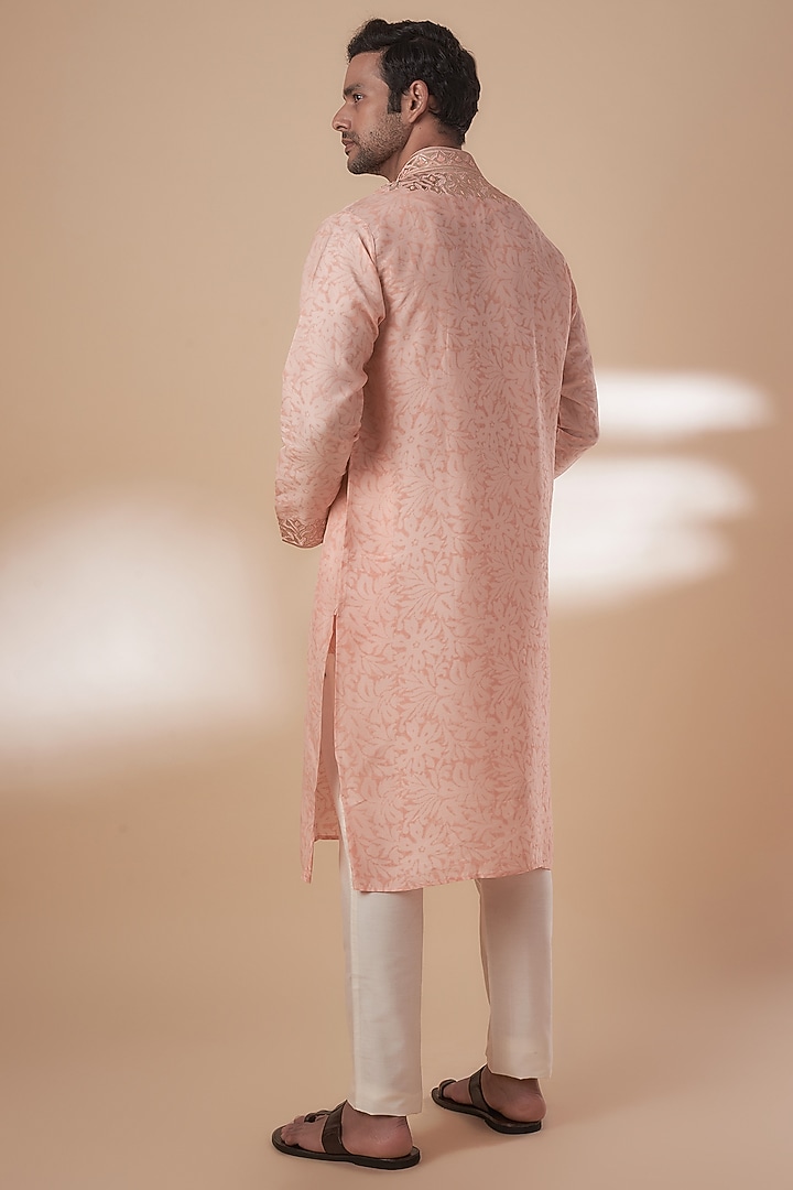 Peach Tussar Block Printed & Resham Work Kurta Set by SAMMOHAN at Pernia's Pop Up Shop
