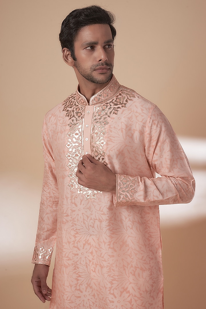Peach Tussar Block Printed & Resham Work Kurta Set by SAMMOHAN at Pernia's Pop Up Shop