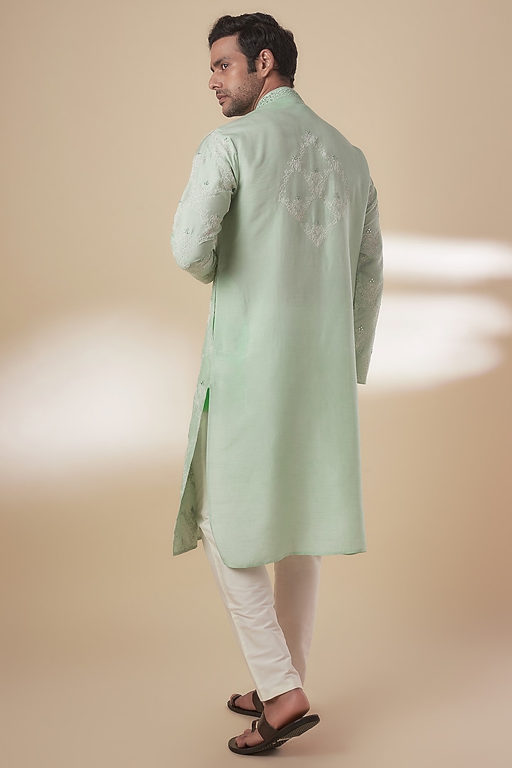 Green Tussar Resham Work Kurta Set by SAMMOHAN at Pernia's Pop Up Shop