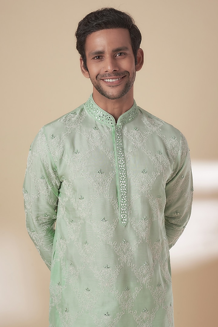 Green Tussar Resham Work Kurta Set by SAMMOHAN at Pernia's Pop Up Shop