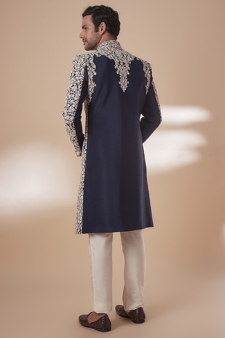 Blue Tussar Resham Work Groom Sherwani Set by SAMMOHAN at Pernia's Pop Up Shop