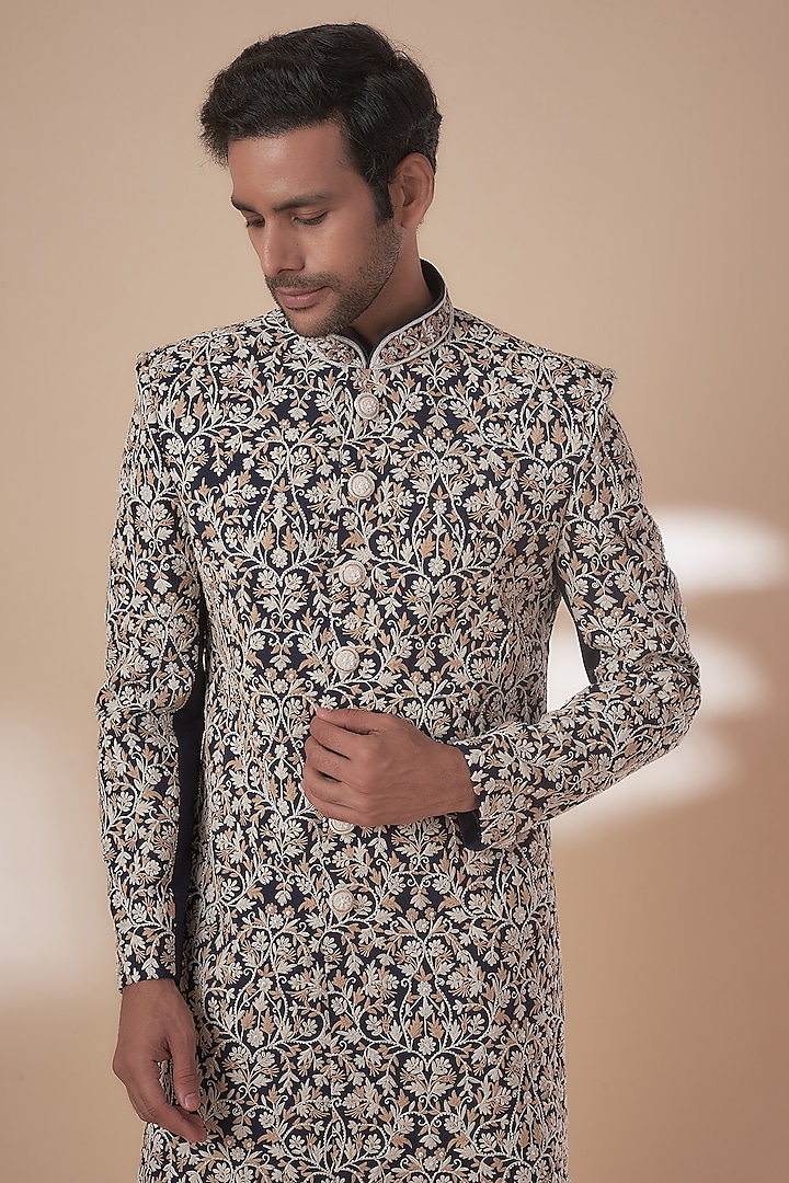 Blue Tussar Resham Work Groom Sherwani Set by SAMMOHAN at Pernia's Pop Up Shop