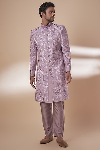 Purple Tussar Thread Work Sherwani Set by SAMMOHAN