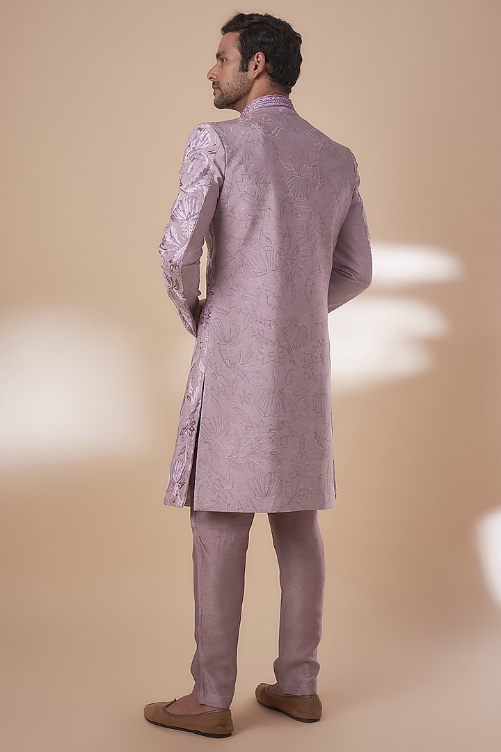 Purple Tussar Thread Work Wedding Sherwani Set by SAMMOHAN at Pernia's Pop Up Shop