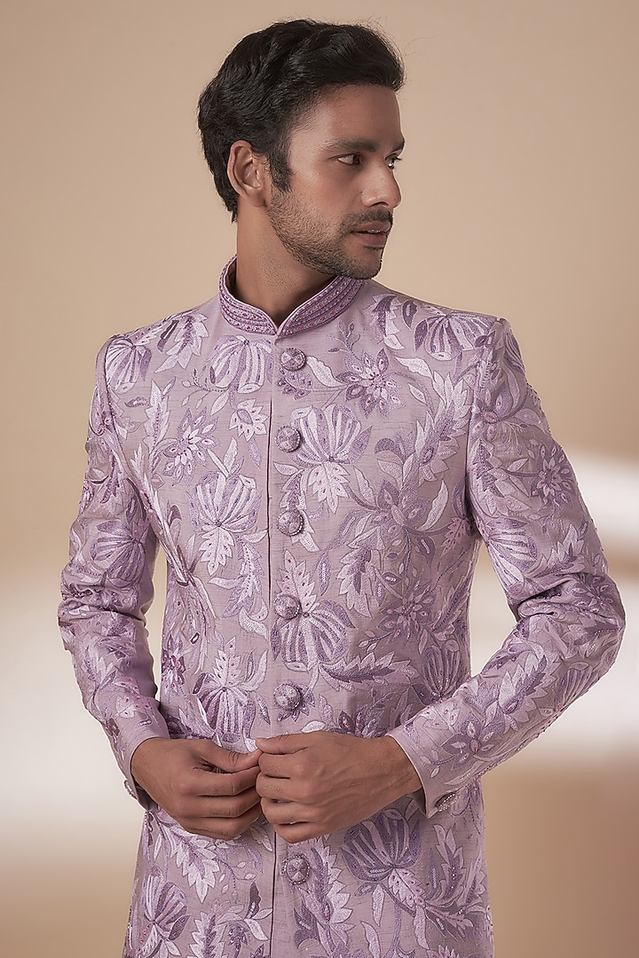 Purple Tussar Thread Work Wedding Sherwani Set by SAMMOHAN at Pernia's Pop Up Shop