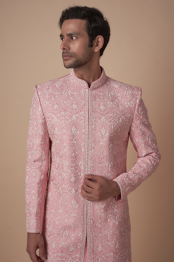 Pink Tussar Dori Work Groom Sherwani Set by SAMMOHAN at Pernia's Pop Up Shop