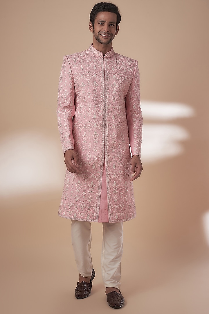 Pink Tussar Dori Work Sherwani Set by SAMMOHAN