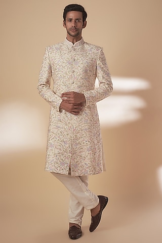 Beige Tussar Resham Work Sherwani Set by SAMMOHAN
