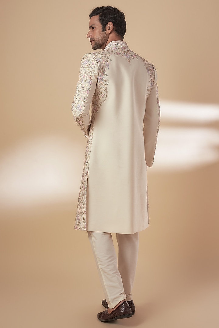 Beige Tussar Resham Work Groom Sherwani Set by SAMMOHAN at Pernia's Pop Up Shop