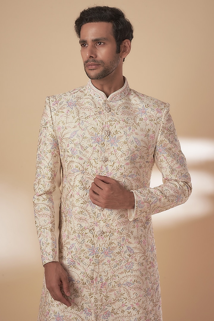 Beige Tussar Resham Work Groom Sherwani Set by SAMMOHAN at Pernia's Pop Up Shop