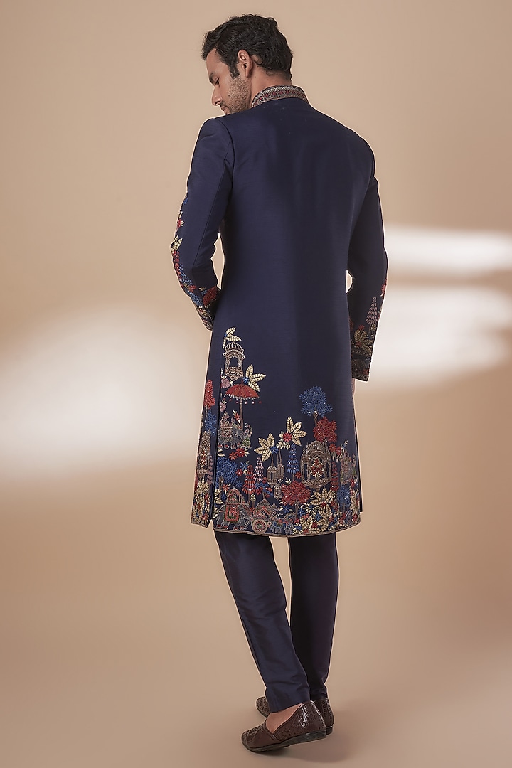 Blue Chanderi Cutdana Embroidered Groom Sherwani Set by SAMMOHAN at Pernia's Pop Up Shop