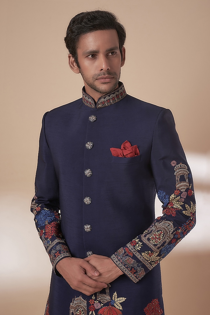 Blue Chanderi Cutdana Embroidered Groom Sherwani Set by SAMMOHAN at Pernia's Pop Up Shop