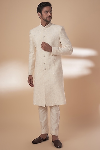 Beige Tussar Threadwork Sherwani Set by SAMMOHAN