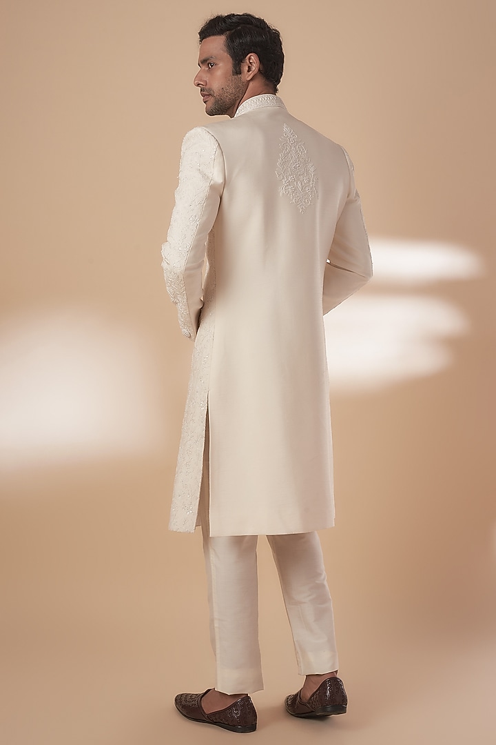 Beige Tussar Threadwork Groom Sherwani Set by SAMMOHAN at Pernia's Pop Up Shop