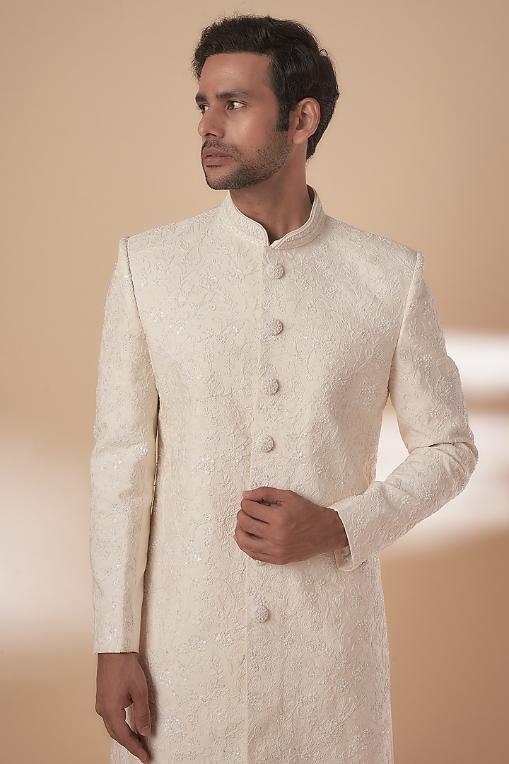 Beige Tussar Threadwork Groom Sherwani Set by SAMMOHAN at Pernia's Pop Up Shop