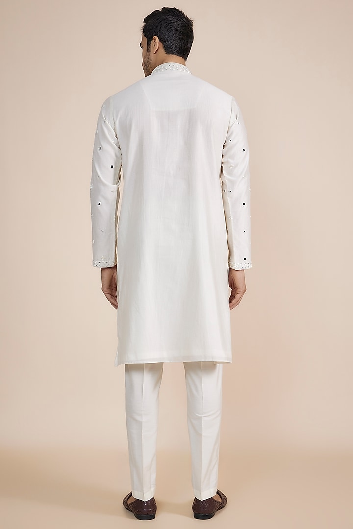 Ivory Silk Blend Mirror Embroidered Kurta Set by SAMMOHAN at Pernia's Pop Up Shop