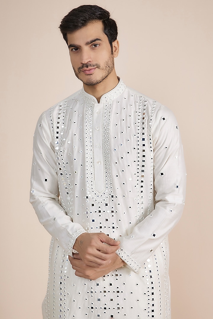 Ivory Silk Blend Mirror Embroidered Kurta Set by SAMMOHAN at Pernia's Pop Up Shop