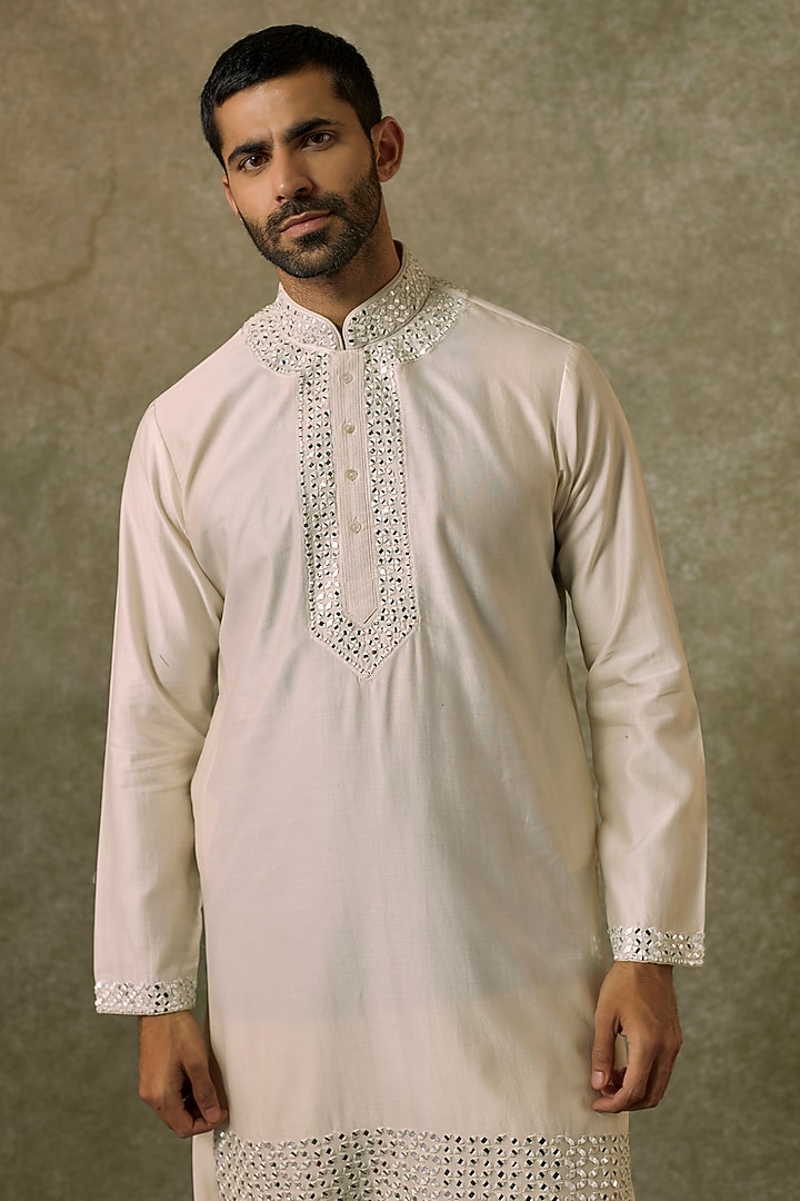 Ivory Silk Blend Mirror Embroidered Kurta Set by SAMMOHAN at Pernia's Pop Up Shop