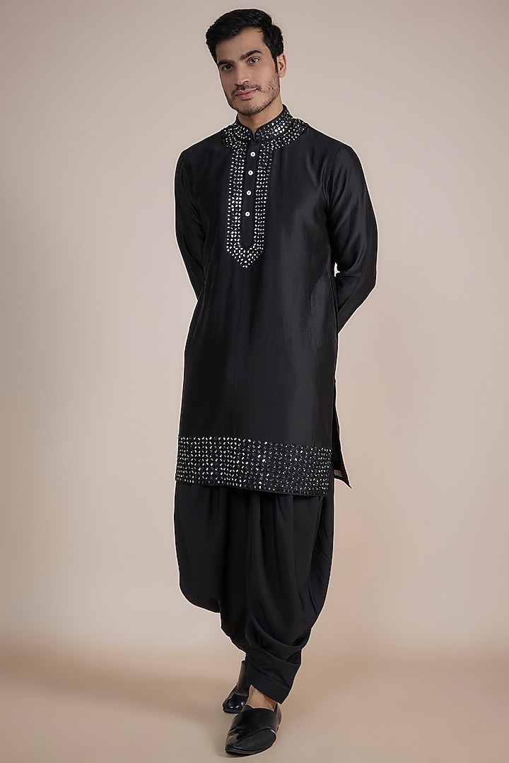 Black Silk Blend Mirror Embroidered Kurta Set by SAMMOHAN at Pernia's Pop Up Shop