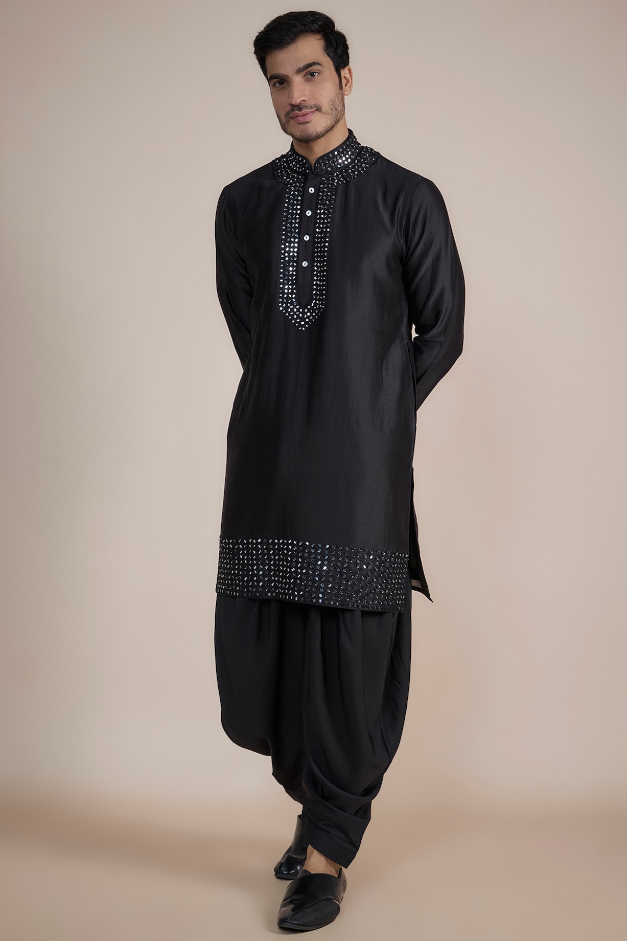 Kantha Thread Embroidered Kurta Set with Mirror Embellishments & Afghani Salwar