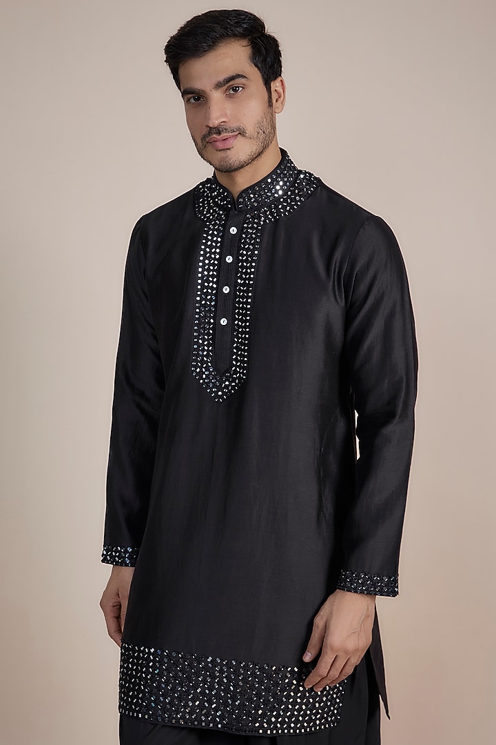 Black Silk Blend Mirror Embroidered Kurta Set by SAMMOHAN at Pernia's Pop Up Shop