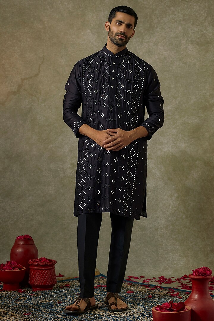 Black Silk Blend Mirror Embroidered Kurta Set by SAMMOHAN at Pernia's Pop Up Shop