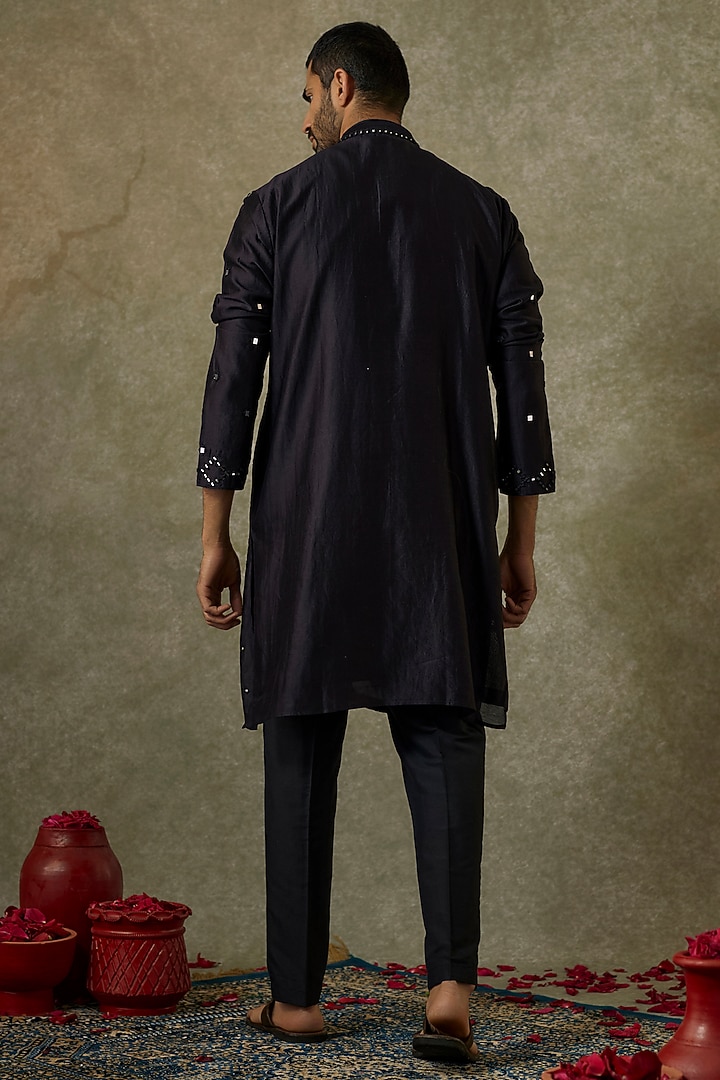 Black Silk Blend Mirror Embroidered Kurta Set by SAMMOHAN at Pernia's Pop Up Shop