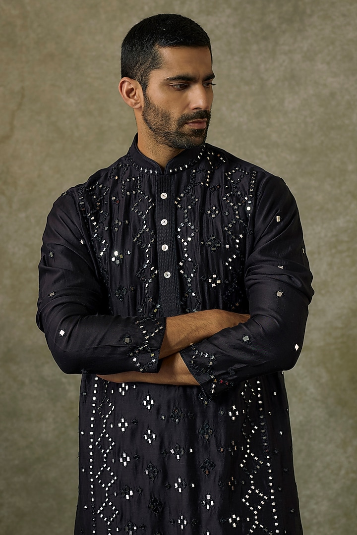Black Silk Blend Mirror Embroidered Kurta Set by SAMMOHAN at Pernia's Pop Up Shop