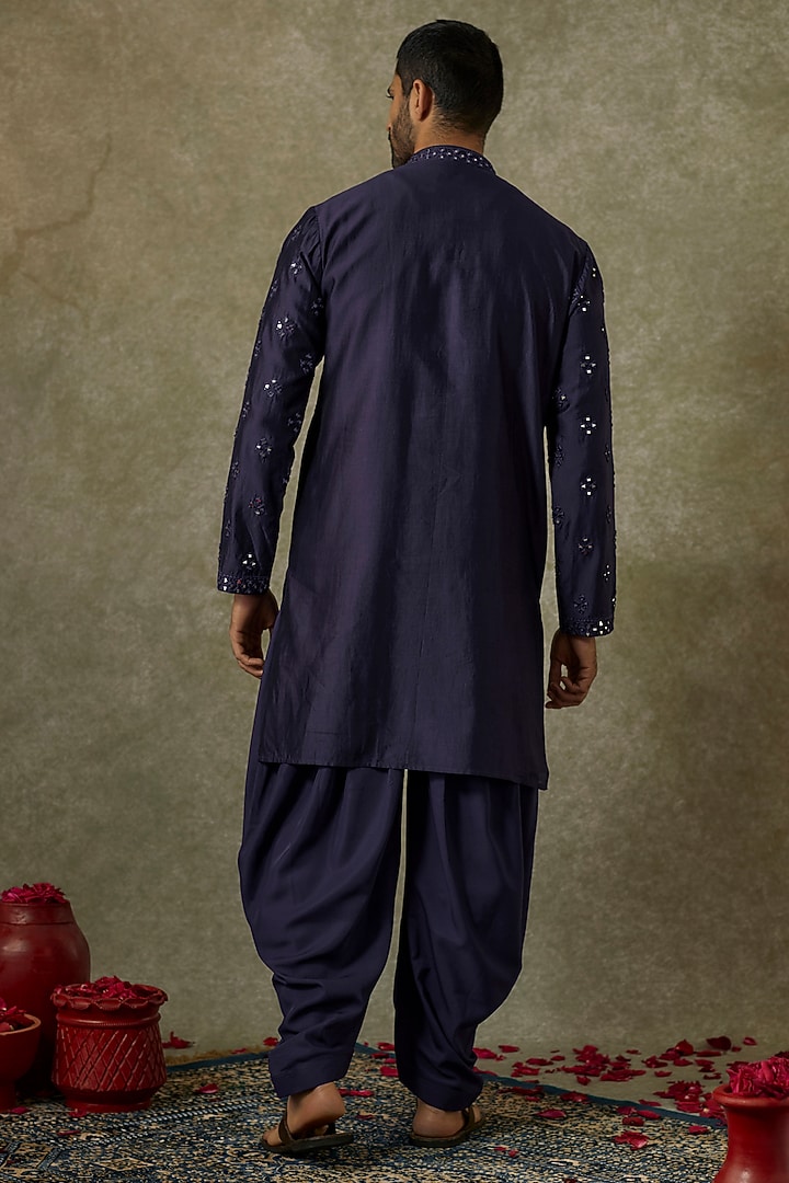 Navy Blue Silk Blend Mirror Embroidered Kurta Set by SAMMOHAN at Pernia's Pop Up Shop