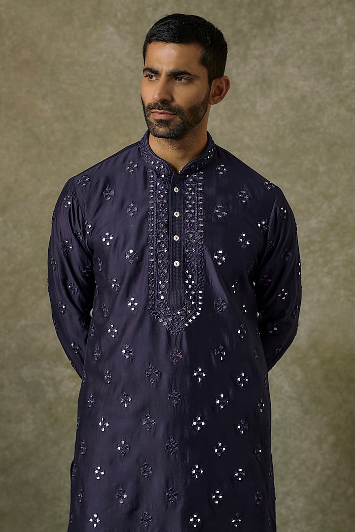 Navy Blue Silk Blend Mirror Embroidered Kurta Set by SAMMOHAN at Pernia's Pop Up Shop