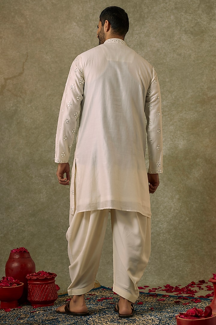 Ivory Silk Blend Mirror Embroidered Kurta Set by SAMMOHAN at Pernia's Pop Up Shop