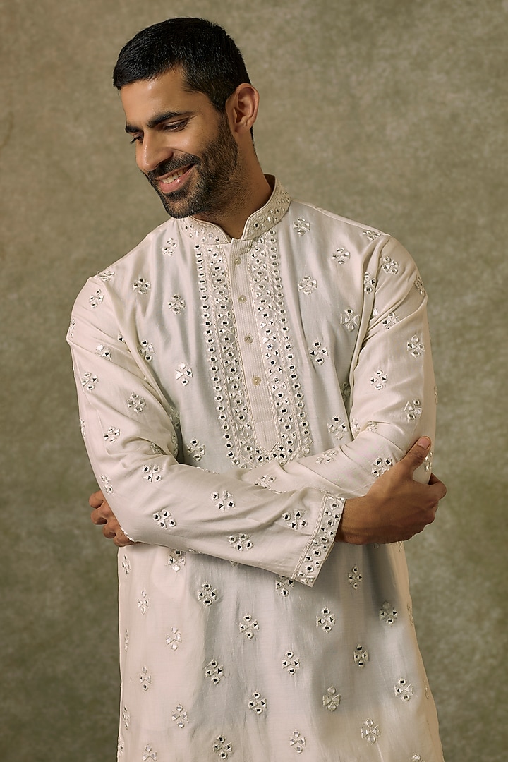 Ivory Silk Blend Mirror Embroidered Kurta Set by SAMMOHAN at Pernia's Pop Up Shop