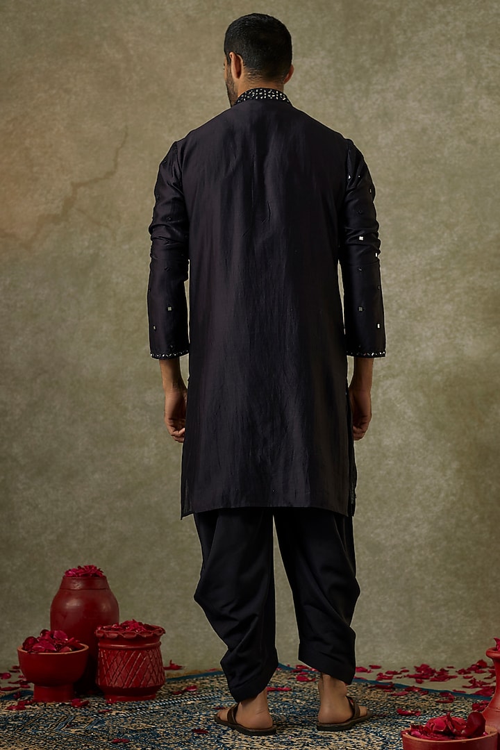 Black Silk Blend Mirror Embroidered Kurta Set by SAMMOHAN at Pernia's Pop Up Shop