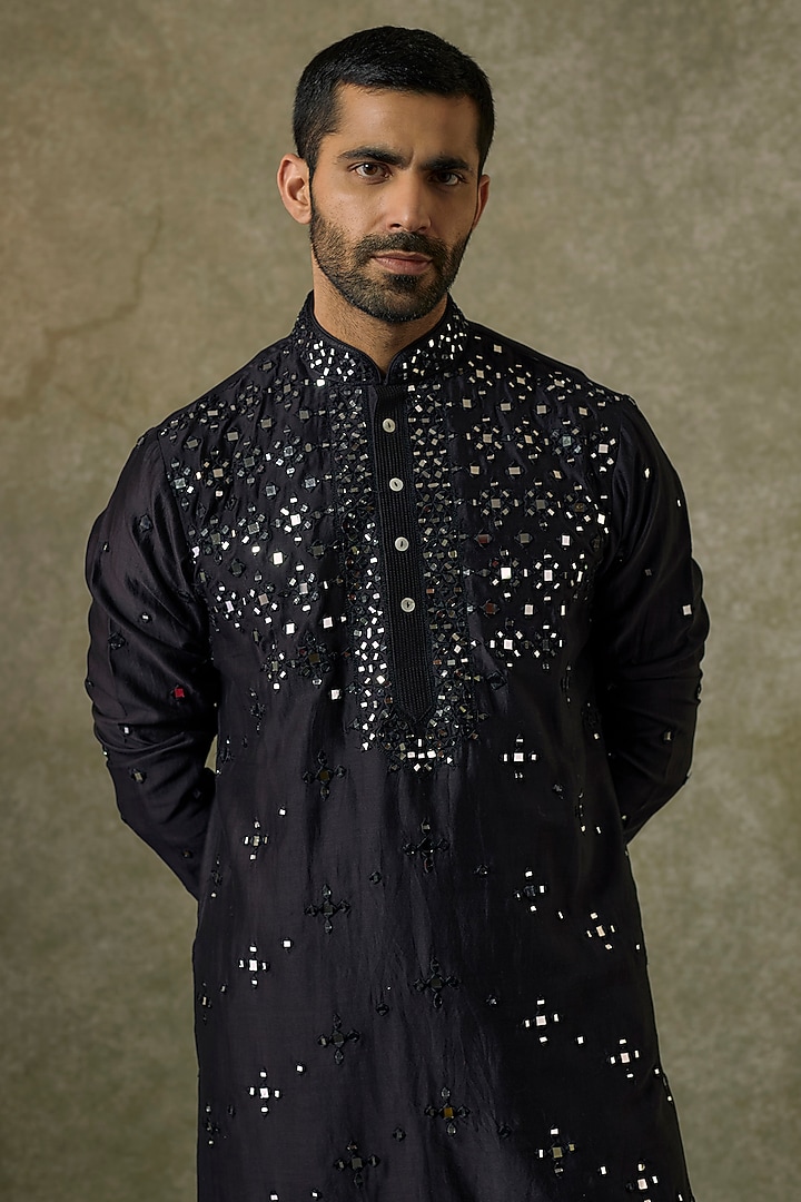 Black Silk Blend Mirror Embroidered Kurta Set by SAMMOHAN at Pernia's Pop Up Shop
