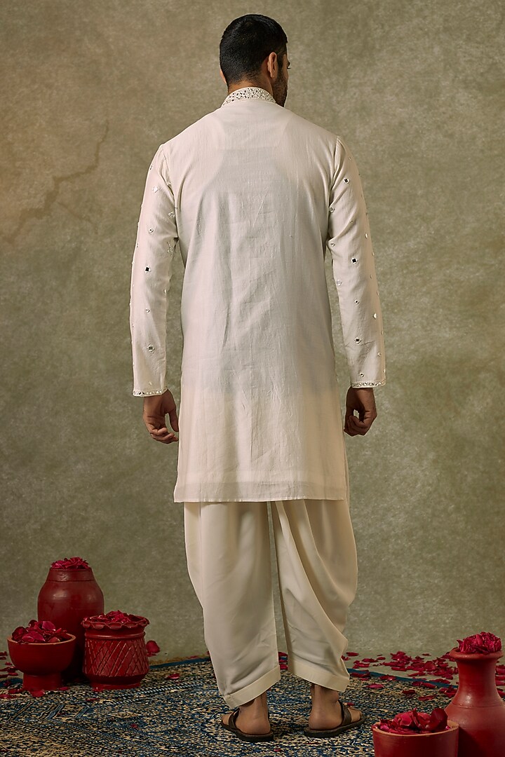 Ivory Silk Blend Mirror Embroidered Kurta Set by SAMMOHAN at Pernia's Pop Up Shop