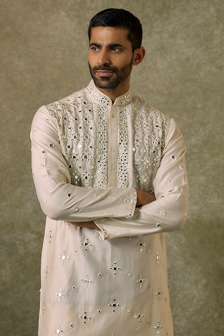Ivory Silk Blend Mirror Embroidered Kurta Set by SAMMOHAN at Pernia's Pop Up Shop