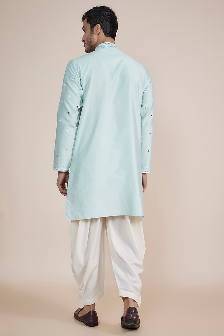 Powder Blue Silk Blend Mirror Embroidered Kurta Set by SAMMOHAN at Pernia's Pop Up Shop