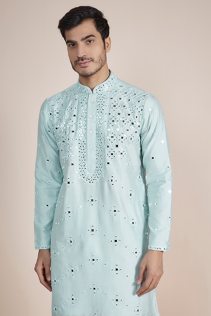 Powder Blue Silk Blend Mirror Embroidered Kurta Set by SAMMOHAN at Pernia's Pop Up Shop