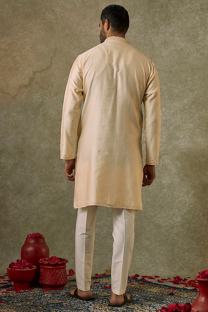 Beige Silk Blend Mirror Embroidered Kurta Set by SAMMOHAN at Pernia's Pop Up Shop